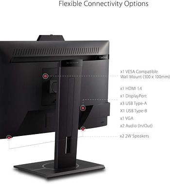 شاشة عرض 24 انش من فيوسونيك VG2440V لمؤتمرات الفيديو بدقة عالية FHD مع كاميرا ويب بدقة 1080 بكسل- وميكروفون- ومكبرات صوت مدمجة- ونظام تشغيل مريح- واتش دي ام اي- منفذ عرض- فيجا- أسود