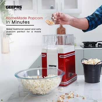 Geepas -GPM841 1200W Electric Popcorn Maker - Makes Hot, Fresh, Healthy and Fat-Free Theatre Style Popcorn Anytime - On/Off Switch, Oil-Free Popcorn Popper