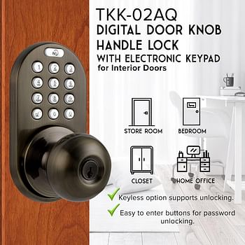 Milocks Tkk-02Aq Digital Door Knob Lock With Electronic Keypad For Interior Doors - Antique Brass