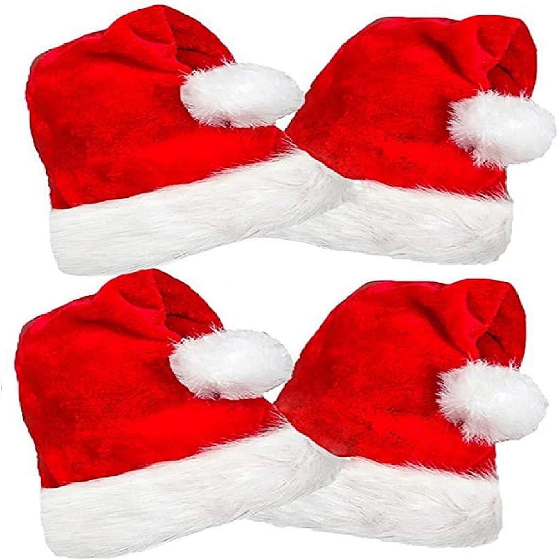 HausFine Christmas Hat 2pcs Set Fluffy Plush Christmas Hats Velvet Thicken Red Xmas Santa Hat for Adults Kids Christmas Party Hats Kit - 4pcs