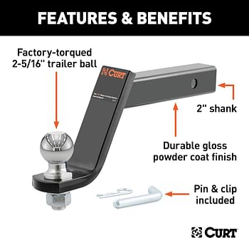 Curt 45065 Lifted Truck Trailer Hitch Mount With 2-5/16-inch Ball & Pin, Fits 2-inch Receiver -7,500 Lbs -6-inch Drop - Gloss Black Powder Coat