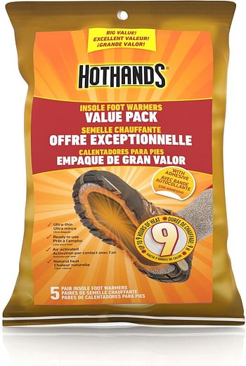 Hothands Insole Foot Warmers - Long Lasting Safe Natural Odorless Air Activated Warmers - Up To 9 Hours Of Heat - 5 Pair