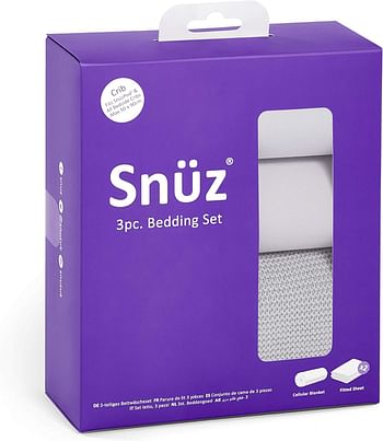 Snuz 3 Piece Crib Bedding Set for Baby  Infant - 100% soft jersey cotton - Contents: 1x blanket , 2 x crib sheets Fitted Sheet Size:44 x 80cm (max.) - Blanket Size: 75 x 75cm - White
