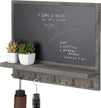 MyGift 16 Inch Gray Wood Wall Mounted Entryway Chalkboard Sign with Display Shelf and 5 Dual Metal Key Hooks