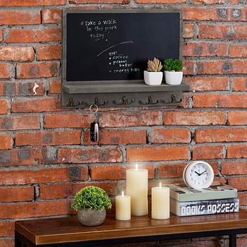 MyGift 16 Inch Gray Wood Wall Mounted Entryway Chalkboard Sign with Display Shelf and 5 Dual Metal Key Hooks