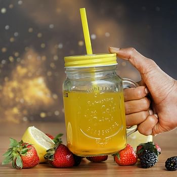 Royalford RF9300 500ML/17Oz Two Tone Mason Jar Airtight Drinking Jar with Handle and PP Straw - Transparent Jar with Tin Lid - Perfect for Smoothies, Cocktails, Breakfast and Sodas