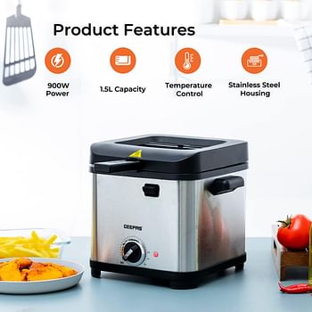 Geepas Deep Fat Fryer 1.5L - Stainless Steel Housing with Cool Touch Handle - Enamel Inner Pot with Viewing Window - Temperature Control with Overheating Protection - 900W