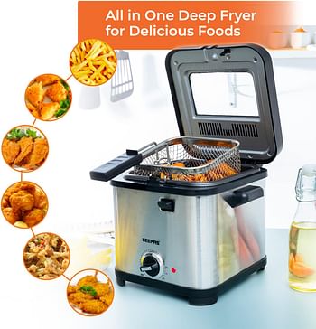 Geepas Deep Fat Fryer 1.5L - Stainless Steel Housing with Cool Touch Handle - Enamel Inner Pot with Viewing Window - Temperature Control with Overheating Protection - 900W