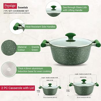 Prestige Essentials Granite 7 Piece Non-Stick Cast Aluminium Cookware sets | Induction Base | Non Stick Aluminium | Granite Casserole | Granite Fry Pan - Green