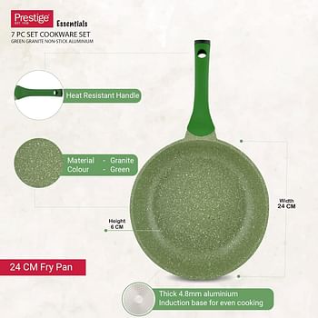 Prestige Essentials Granite 7 Piece Non-Stick Cast Aluminium Cookware sets | Induction Base | Non Stick Aluminium | Granite Casserole | Granite Fry Pan - Green