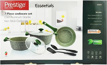 Prestige Essentials Granite 7 Piece Non-Stick Cast Aluminium Cookware sets | Induction Base | Non Stick Aluminium | Granite Casserole | Granite Fry Pan - Green