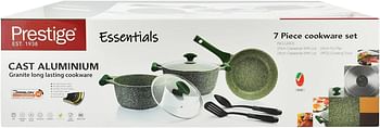 Prestige Essentials Granite 7 Piece Non-Stick Cast Aluminium Cookware sets | Induction Base | Non Stick Aluminium | Granite Casserole | Granite Fry Pan - Green