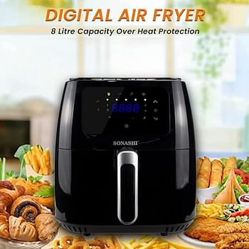 SONASHI SAF-800 Digital Air Fryer – LED Touch-Screen Display, Temperature Control, 8.0 L Teflon Pan, Overheat Protection, 220-240 V / 1700 W