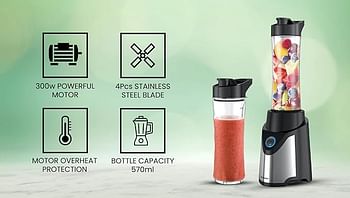 Sonashi Portable Sports Blender SB-184, 300W, One-Touch Button Smoothie Maker with 570ML BPA-Free Sports Bottle, LED Power Light, Stainless Steel Housing