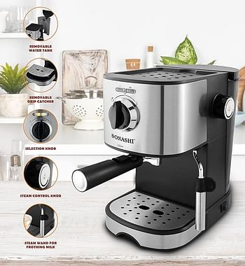 Sonashi SCM-4963 Coffee Maker All in One - Manual Coffee Maker with 850W Ulka Italy Pump, 1 L Large Detachable Water Tank, Overheat Safety Protection
