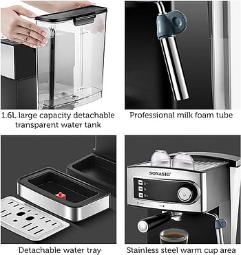 Sonashi SCM-4965 2 In 1 Coffee Maker – 850W, Touch Button Coffee Machine with Ulka Italy Pump, Steam Nozzle, Overheat Safety Protection