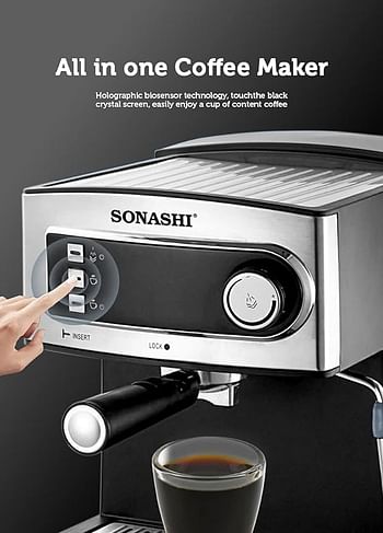 Sonashi SCM-4965 2 In 1 Coffee Maker – 850W, Touch Button Coffee Machine with Ulka Italy Pump, Steam Nozzle, Overheat Safety Protection