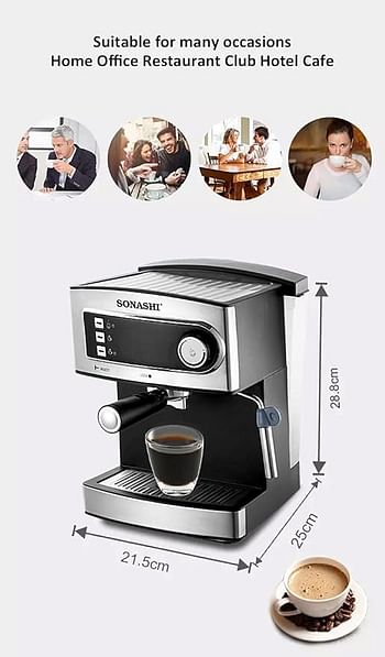 Sonashi SCM-4965 2 In 1 Coffee Maker – 850W, Touch Button Coffee Machine with Ulka Italy Pump, Steam Nozzle, Overheat Safety Protection