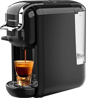 Sonashi SCM-4969B 3 in 1 Multifunction Espresso Coffee Machine – 1450W Coffee Maker with 600ML Detachable Water Tank, 3 Optional Adaptors, Auto Shut Off