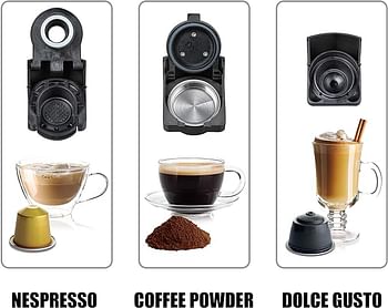 Sonashi SCM-4969B 3 in 1 Multifunction Espresso Coffee Machine – 1450W Coffee Maker with 600ML Detachable Water Tank, 3 Optional Adaptors, Auto Shut Off