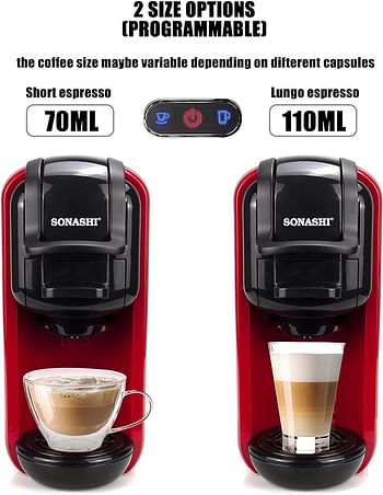 Sonashi SCM-4969R 3 in 1 Multifunction Espresso Coffee Machine – 1450W Coffee Maker with 600ML Detachable Water Tank, 3 Optional Adaptors, Auto Shut Off