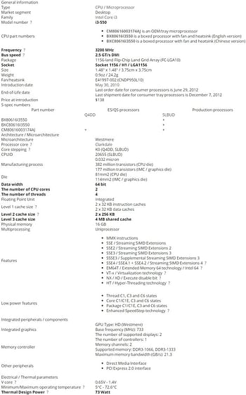 أنتل معالج وحدة المعالجة المركزية Core I3-550 I3 550 3.2 جيجا هرتز ثنائي النواة 4M 73W LGA