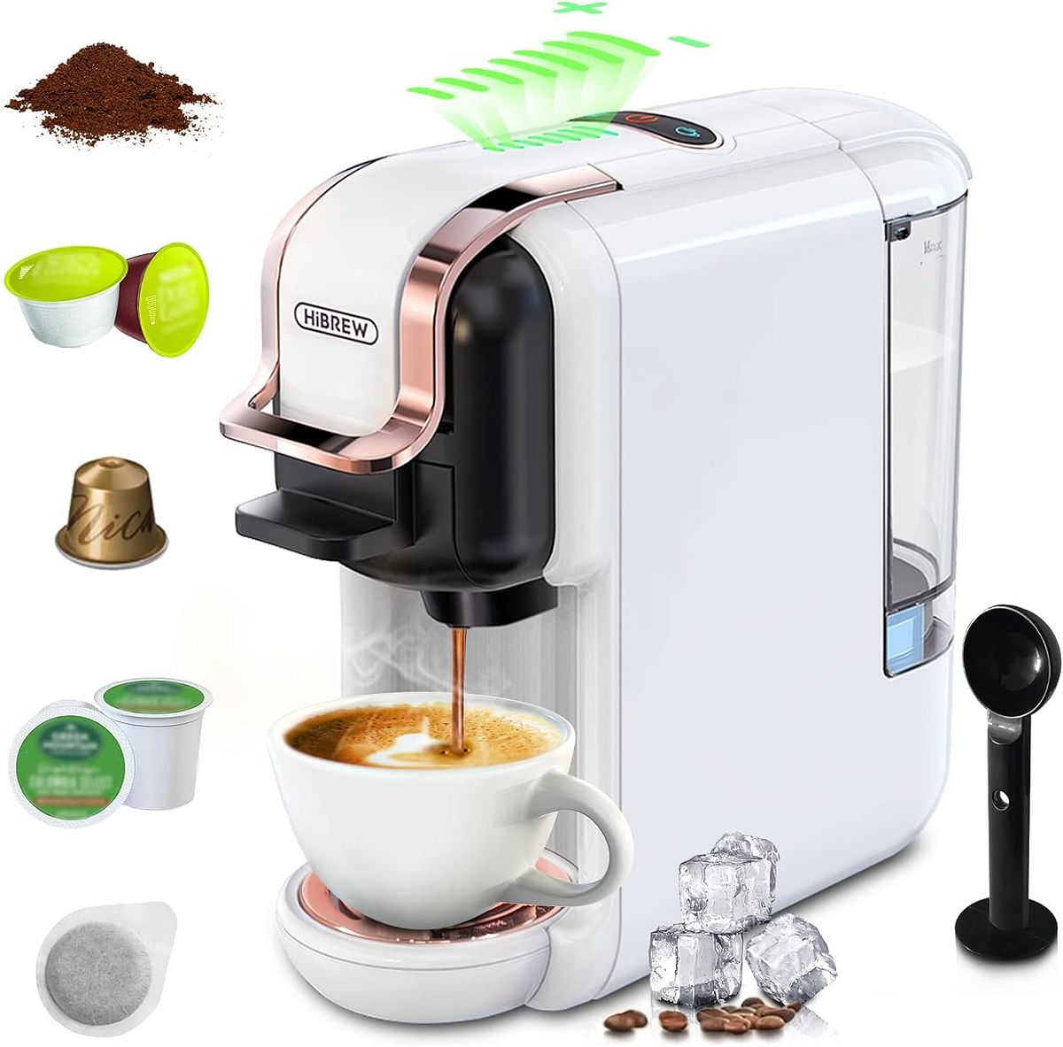 HiBREW 5-in-1 Coffee Machine, 19 Bar Espresso Machine for Capsules, DG*/Nes* Original/Ground Coffee/K-cup*/ESE Pod Compatible, Cold/Hot Mode, 600ml - White