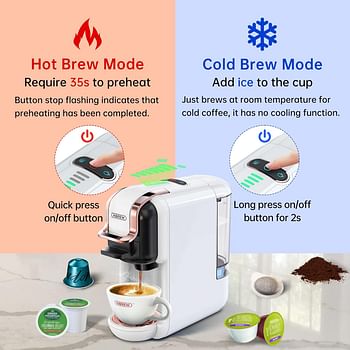 HiBREW 5-in-1 Coffee Machine, 19 Bar Espresso Machine for Capsules, DG*/Nes* Original/Ground Coffee/K-cup*/ESE Pod Compatible, Cold/Hot Mode, 600ml - White