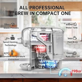 HiBREW 5-in-1 Coffee Machine, 19 Bar Espresso Machine for Capsules, DG*/Nes* Original/Ground Coffee/K-cup*/ESE Pod Compatible, Cold/Hot Mode, 600ml - White