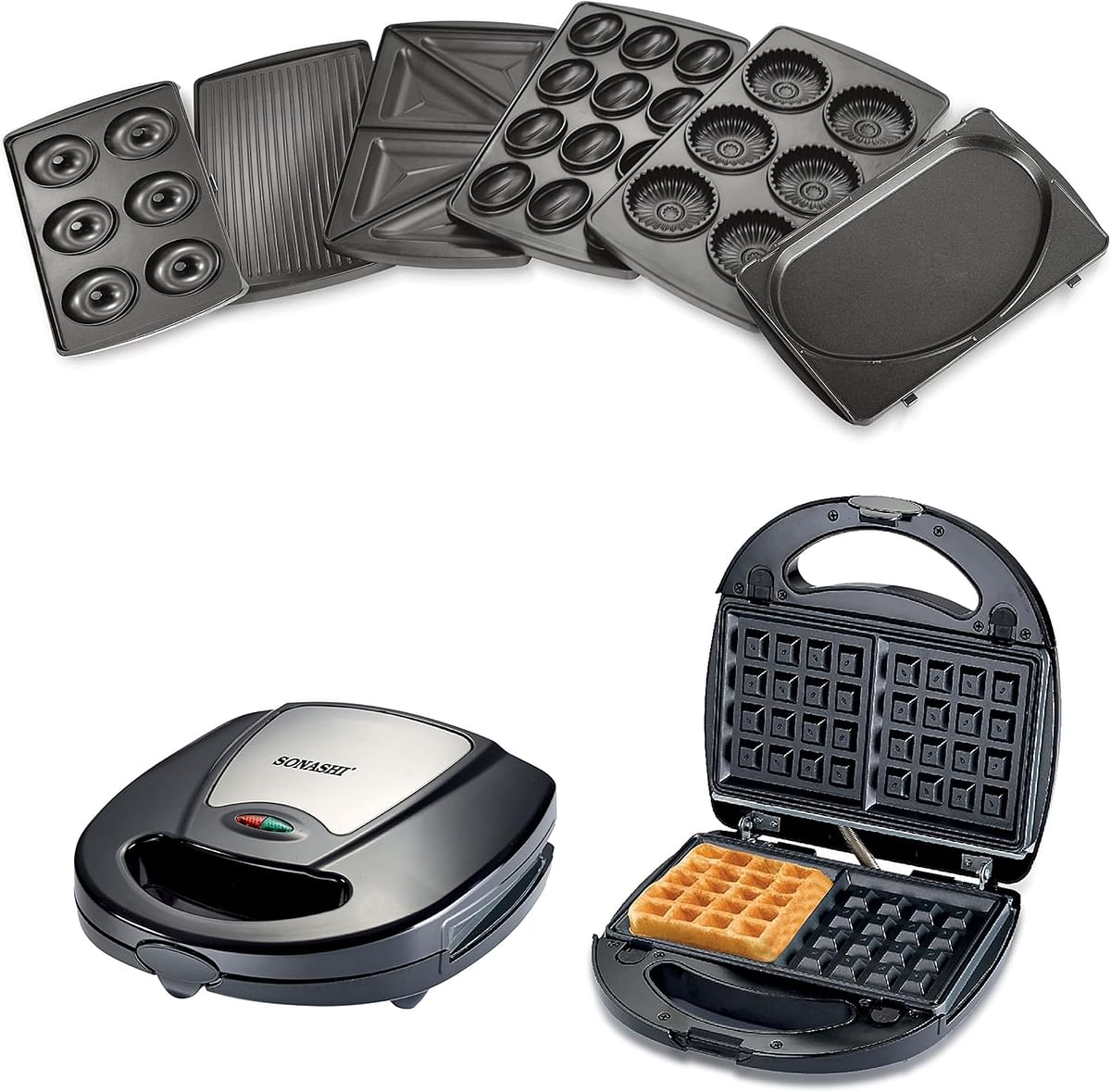 Sonashi 7-in-1 Multi Snack Maker SSM-862 - Detachable Sandwich - Grill Donut Waffle Cupcake Nutty Omelet Making Plates