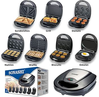 Sonashi 7-in-1 Multi Snack Maker SSM-862 - Detachable Sandwich - Grill Donut Waffle Cupcake Nutty Omelet Making Plates