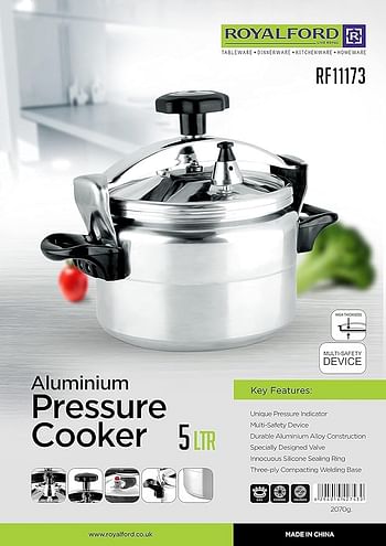 Royalford Aluminum Pressure Cooker Equipped with Multi Safety Device and Unique Indicator Durable Alloy Construction Firm Handles Compatible Gas Silve