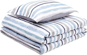 Amazn Basics Reversible Comforter Set, Twin / Twin XL, Blue Harbor Stripes, Microfiber, Ultra-Soft