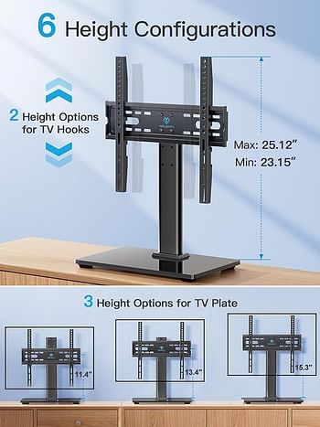 PERLESMITH Universal TV Stand - Table Top TV Stand for 32-55 inch LCD LED TVs - Height Adjustable TV Base Stand with Tempered Glass Base and Wire Management, VESA 400x400mm