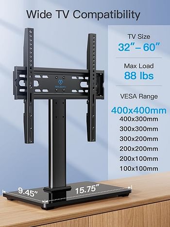 PERLESMITH Universal TV Stand - Table Top TV Stand for 32-55 inch LCD LED TVs - Height Adjustable TV Base Stand with Tempered Glass Base and Wire Management, VESA 400x400mm
