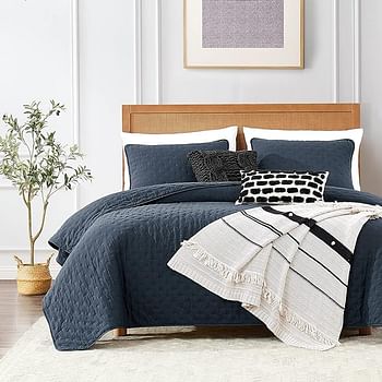 ROARINGWILD Navy Blue Queen Size Quilt Bedding Set with Pillow Shams For All Season Summer Spring, 3 Piece, 90x90 inches