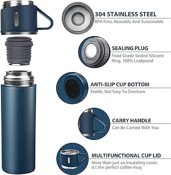 YANEK 500ml Stainless Steel Vacuum Thermos flask with Silicone Handle and Insulated Water bottle with 2 stainless steel cups set 2 PACK, BLUE