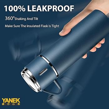 YANEK 500ml Stainless Steel Vacuum Thermos flask with Silicone Handle and Insulated Water bottle with 2 stainless steel cups set 2 PACK, BLUE