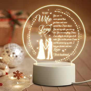 Mothers Day Gifts for Wife from Husband - Wife Gifts for Birthday, Engagement, Anniversary Wedding - Personalized Acrylic Night Lamp with Base