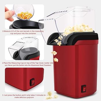 ECVV 1200W Electric Hot Air Popcorn Popper Maker for Home No Oil Needed Healthy Snack for Kids Adults Perfect for Party Birthday Gift - Red