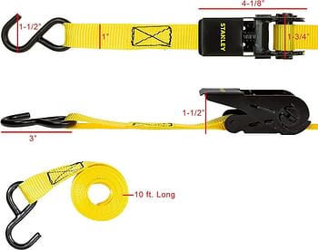 STANLEY S9500 Black/Yellow 1" x 10' Ratchet Straps - Light Cargo Hauling 900 lb Break Strength - 4 Pack
