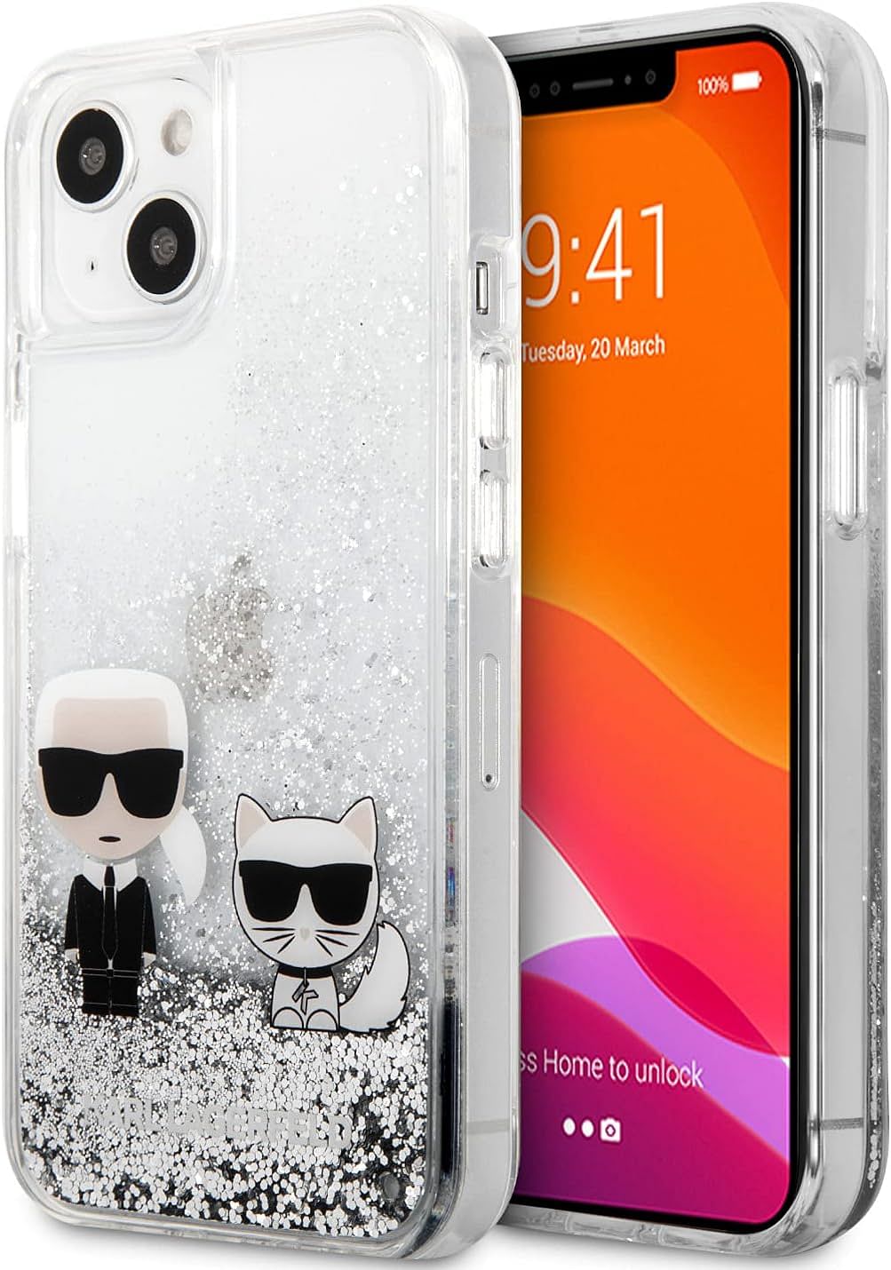 CG MOBILE Karl Lagerfeld Liquid Glitter Case And Choupette Compatible with iPhone 13 Durable, Shockproof, Bumper Protection, Anti-Scratch - Silver