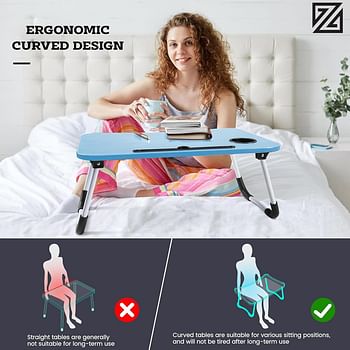ZOBER Portable Folding Laptop Desk for Bed with Cup Holder Adjustable Lap Tray Notebook Stand Lap Desk Foldable Non-slip legs grip Stand Table for outdoor, indoor, working, studing, camping (BLUE)
