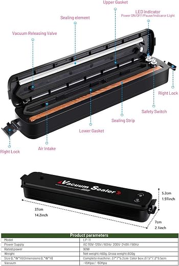 Automatic Vacuum Sealer Machine for Food Preservation Storage Saver Sealing System, Intelligent LED Indicator Lights,with Drainage Holes baffles Starter Kit Inclued15 PCS Bags Black