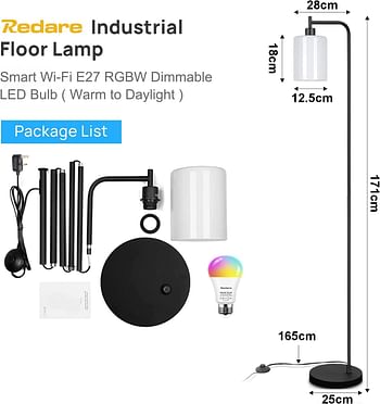 Redare Industrial Floor Lamp,Smart LED Floor Lamp with White Jade Glass Shade,Smart WiFi E27 RGBW Dimmable Bulb(Warm to Daylight), APP Control,Metal Standing Lamp for Living Room Bedroom Home Office