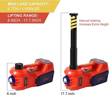 تاييت مجموعة رافعة سيارة كهربائية، رافعة هيدروليكية 5 طن مع مفتاح ربط كهربائي ومضخة نفخ، رافعة سيارة محمولة 12 فولت مع ضوء ليد لسيارات الدفع الرباعي ام بي في سيدان، نطاق رفع 6 الى 17.7 انش (احمر)
