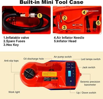 TYAYT Electric Car Jack Kit, 5 Ton Hydraulic Car Jack with Electric Impact Wrench and Inflator Pump, 12V Portable Car Jack with LED Light for SUV MPV Sedan, Lifting Range 6 to 17.7 Inch (Red)