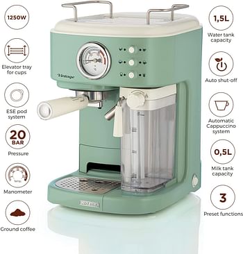 Ariete Art1383Gr Vintage Espresso Coffee Maker Machine 20 Bar, 1250W, with Automatic Milk Frother, Auto shut-off, 3 Preset Functions with Latte Macchiato and Cappuccino