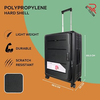 Re-flection Collapsible 24 Inch Trolley Luggage Bag, Polypropylene Plastic Body, Portable Design, Ergonomically Designed Soft Handles, 2 Level Adjustable Handle - Black