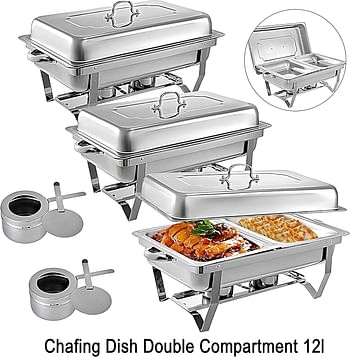 12-litre Double Compartment Chafing Dish Stainless Steel Food Warmer Food Warmer with Fuel Holder Food Warmer -Warming Tray - Chafer - Serving Dish